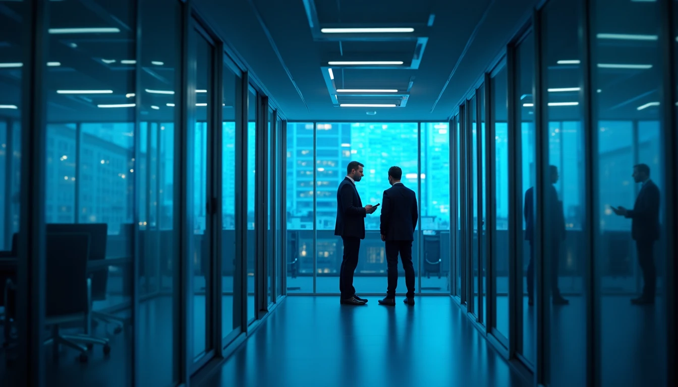 Photorealistic wide shot of a modern Berlin office interior with glass walls, blue ambient lighting, professionals discussing automation charts on a tablet, cinematic lighting, corporate atmosphere