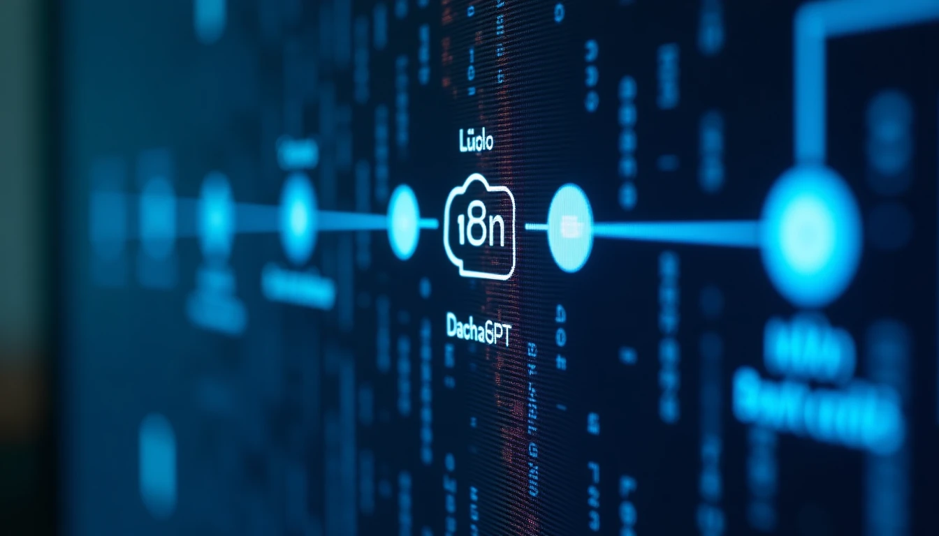 Close up shot of a computer monitor displaying n8n workflow nodes connecting to ChatGPT API icon, blue matrix code background, high tech concept