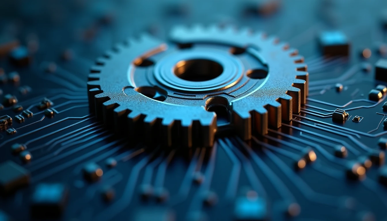 Macro photography of a gear mechanism merging with digital circuit board lines, symbolizing the mix of mechanical and digital automation