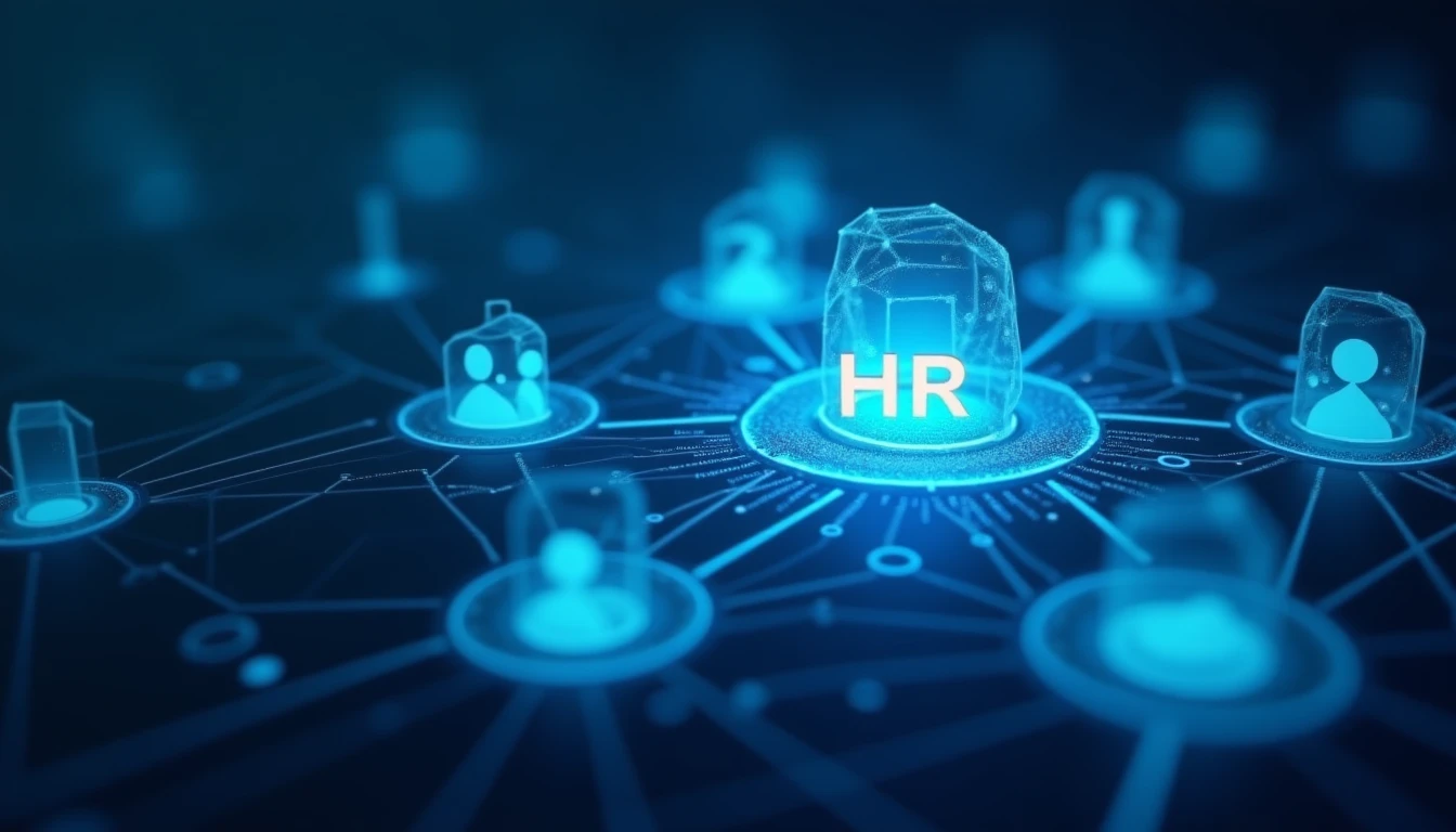 Abstract data visualization of artificial intelligence connecting various business departments like HR, Sales, and Marketing, blue and white palette