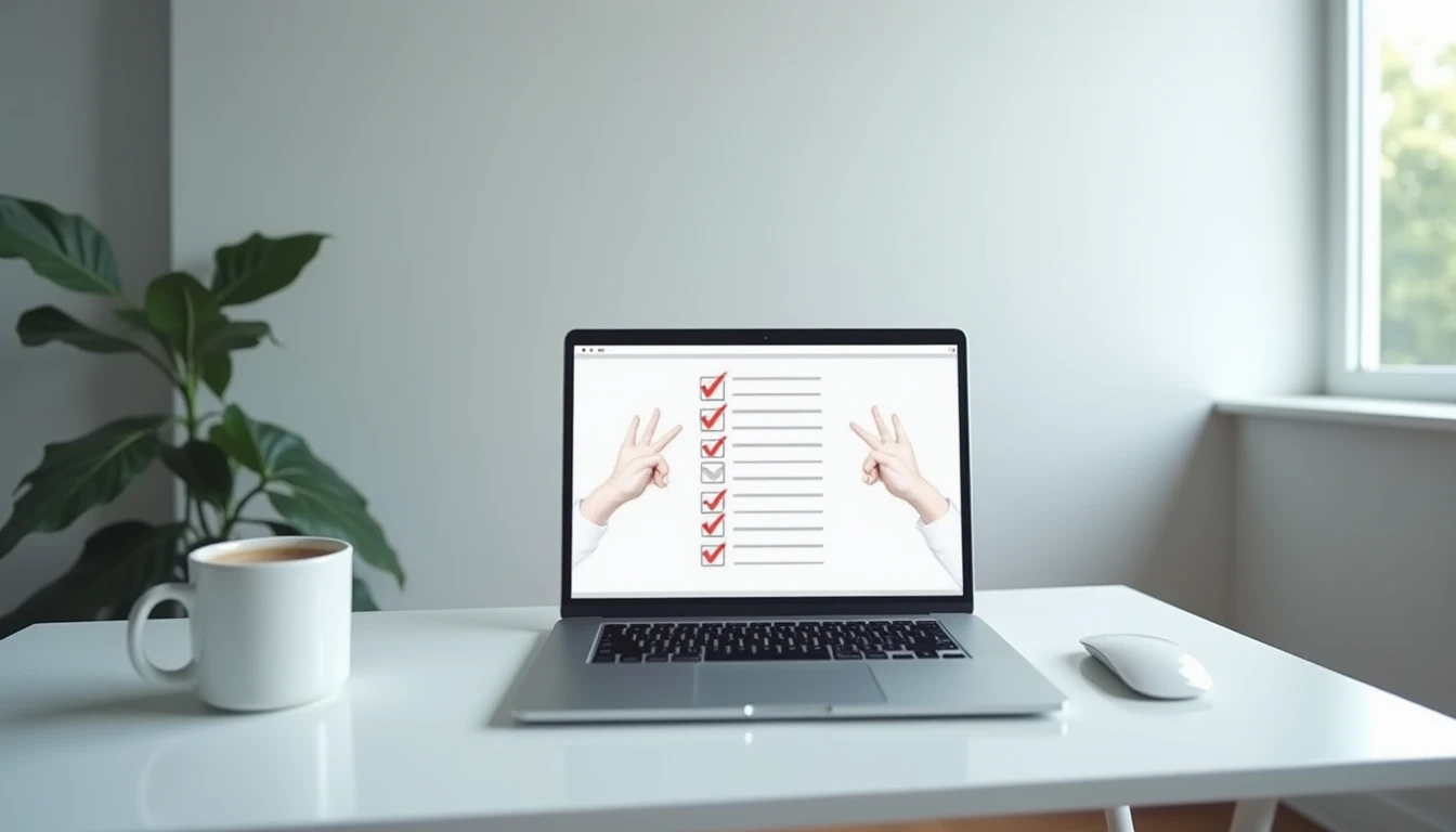 Minimalist desk setup with a laptop showing a checklist being automatically checked off by invisible digital hands, clean aesthetic