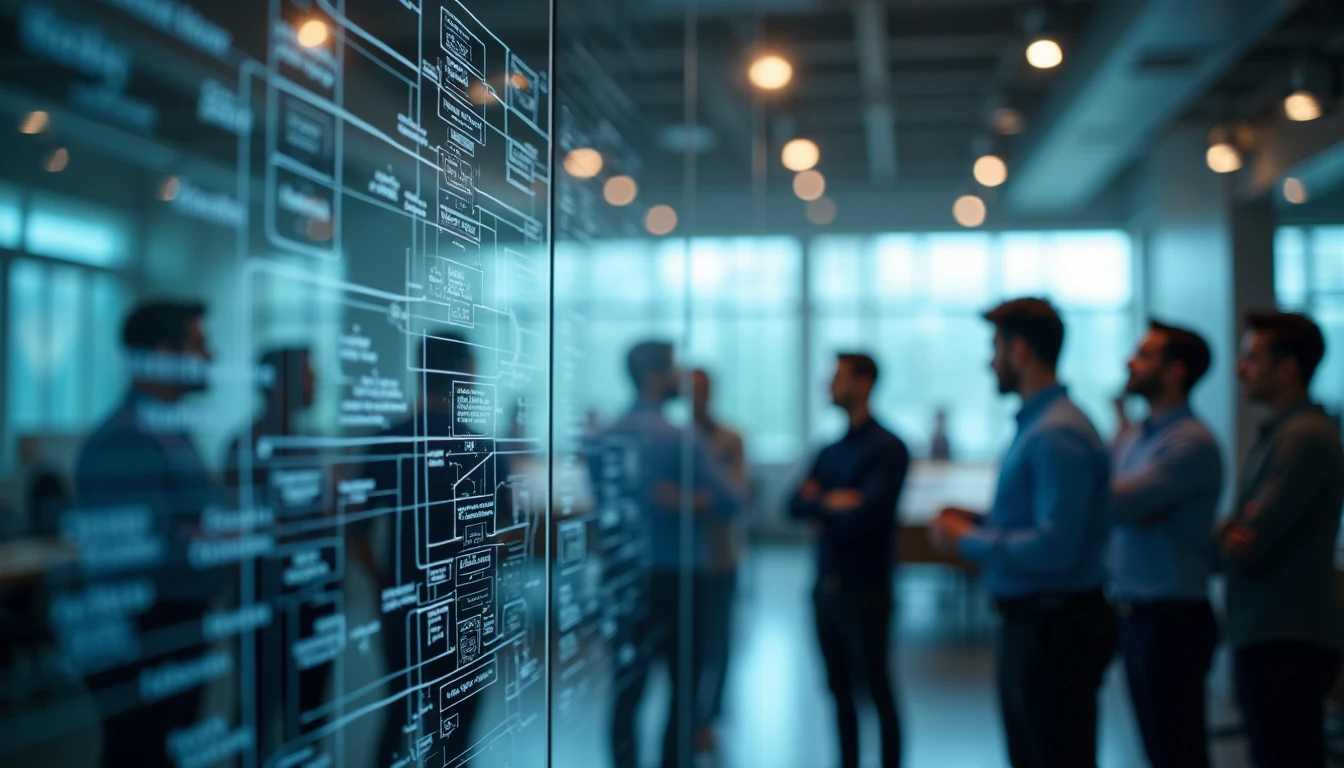 Complex flowchart diagram on a glass wall being drawn by a diverse team of engineers, focus on the logic structure